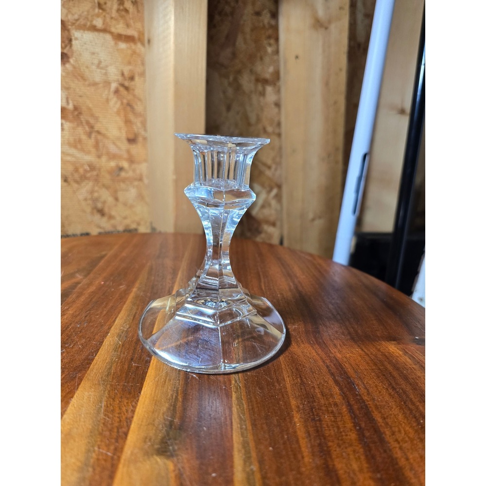 Vintage Clear Glass Taper Candlestick Holder Hexagonal Base Faceted Stem 4 inch